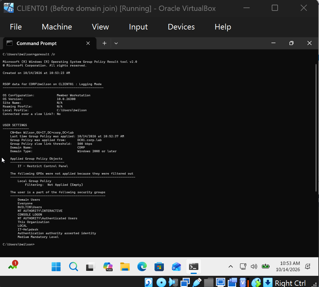 Command Prompt on CLIENT01 showing gpresult output with the IT - Restrict Control Panel policy applied to a domain user
