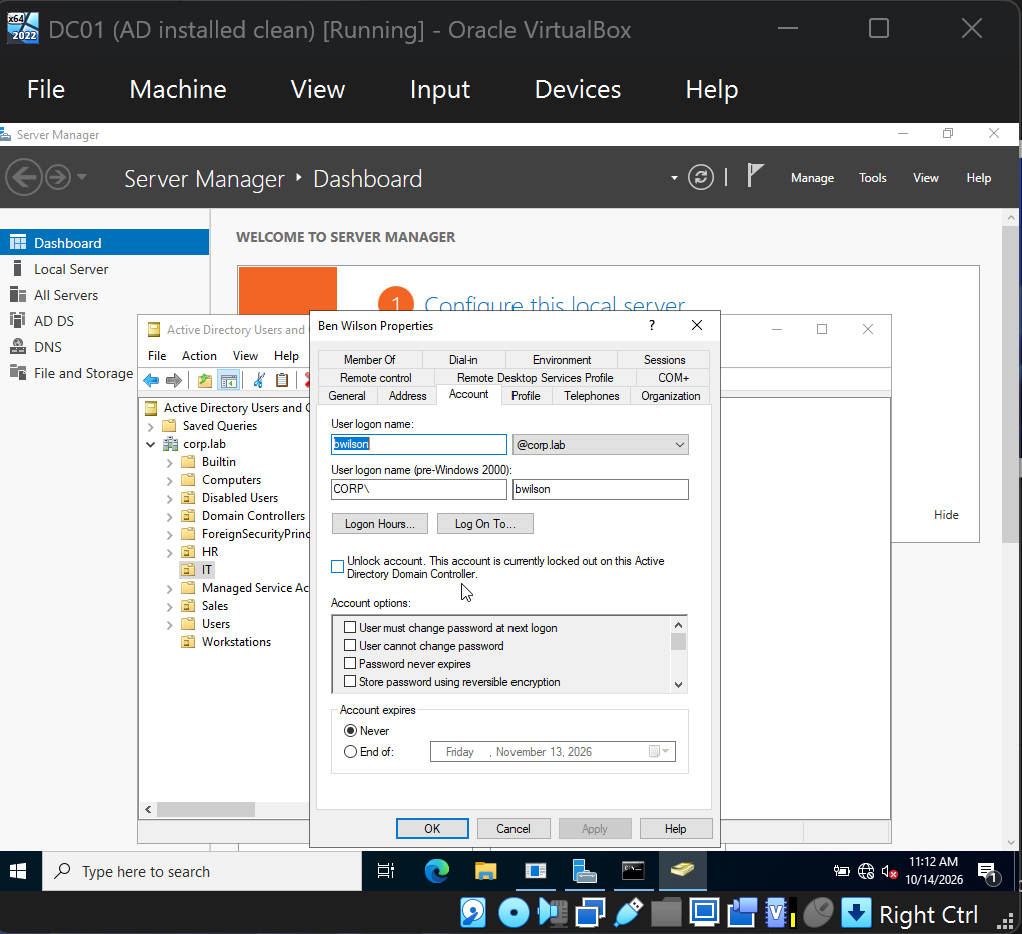 Active Directory Users and Computers showing the Unlock account checkbox on a locked-out user