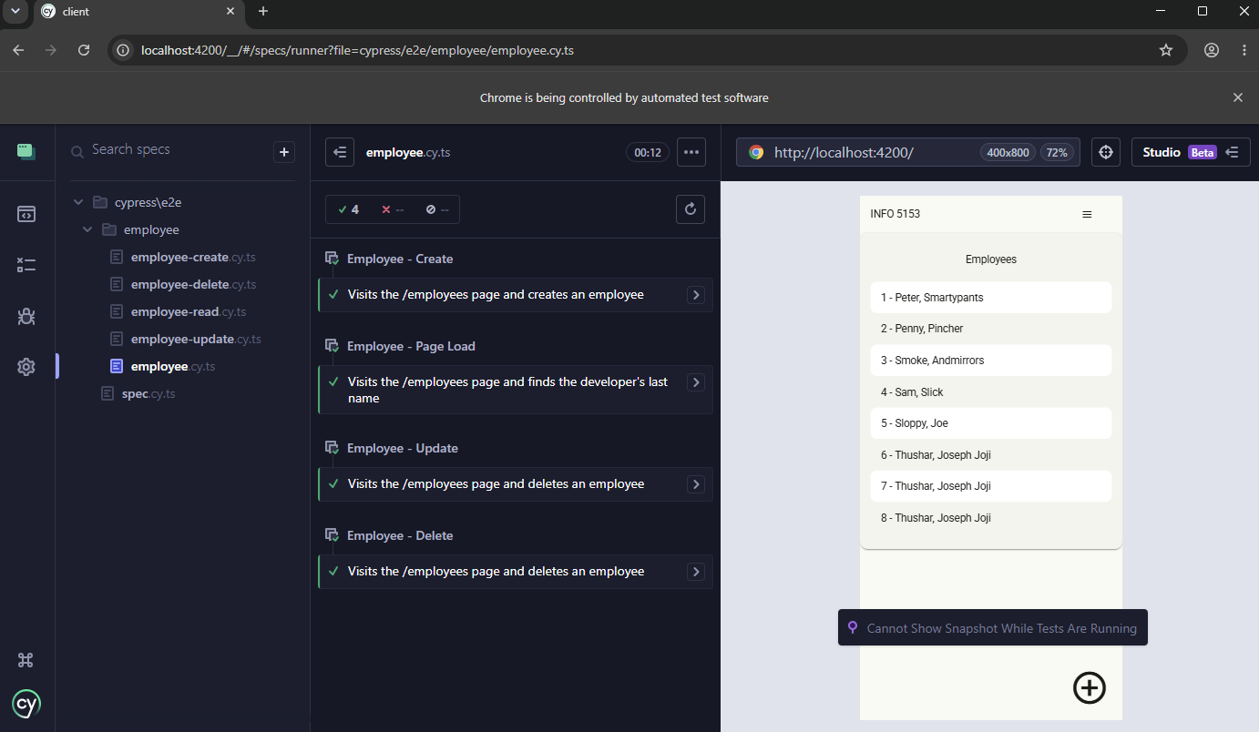 Cypress test runner showing the employee spec with 4 passing tests: create, page load, update and delete