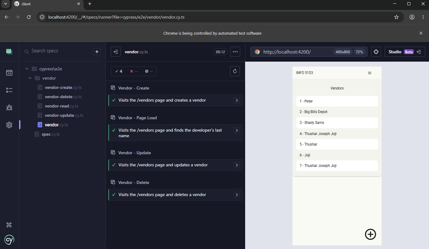 Cypress test runner showing the vendor spec with 4 passing tests: create, page load, update and delete