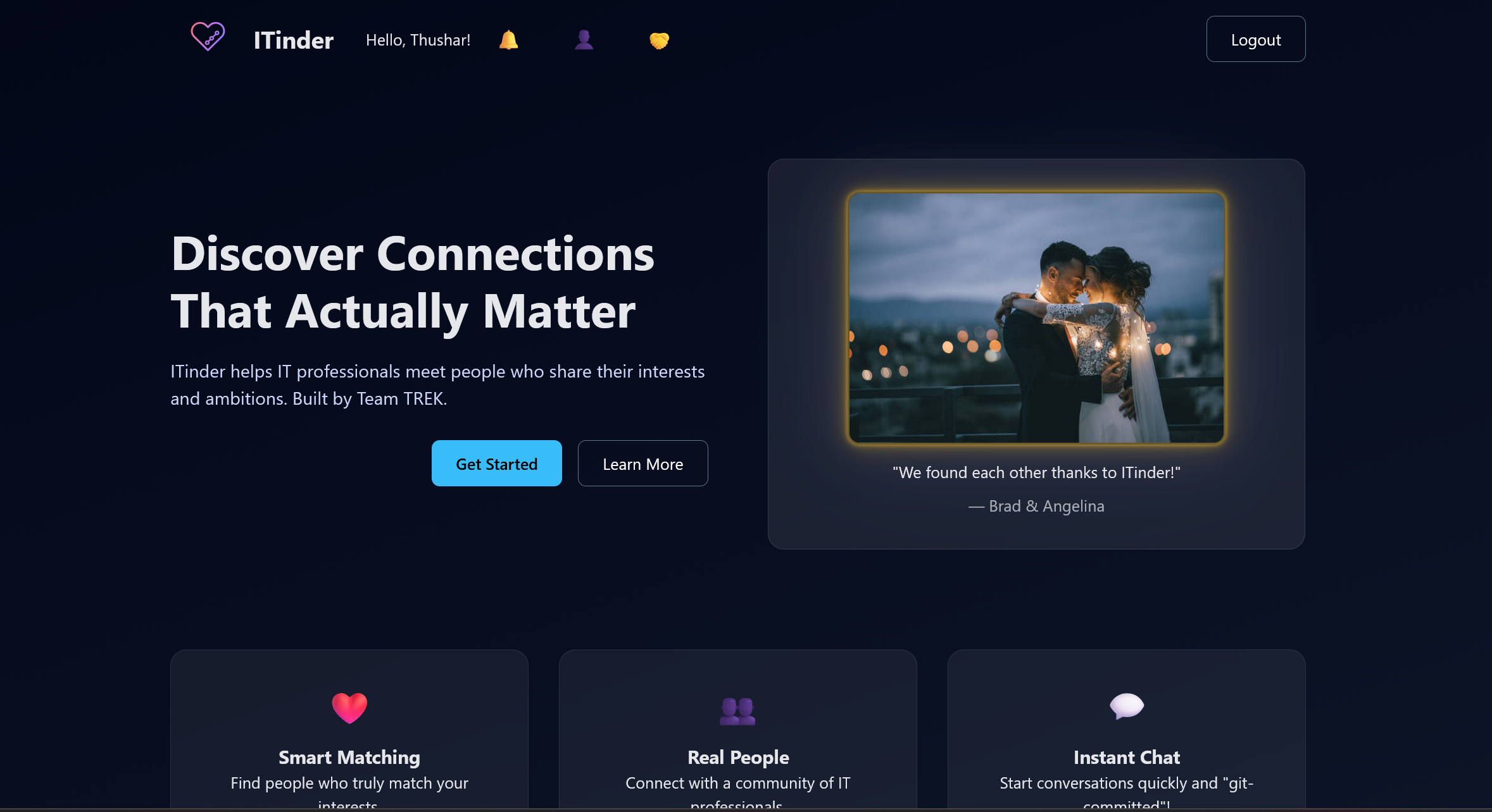 iTinder home page with the headline Discover Connections That Actually Matter, a navigation bar and three feature cards