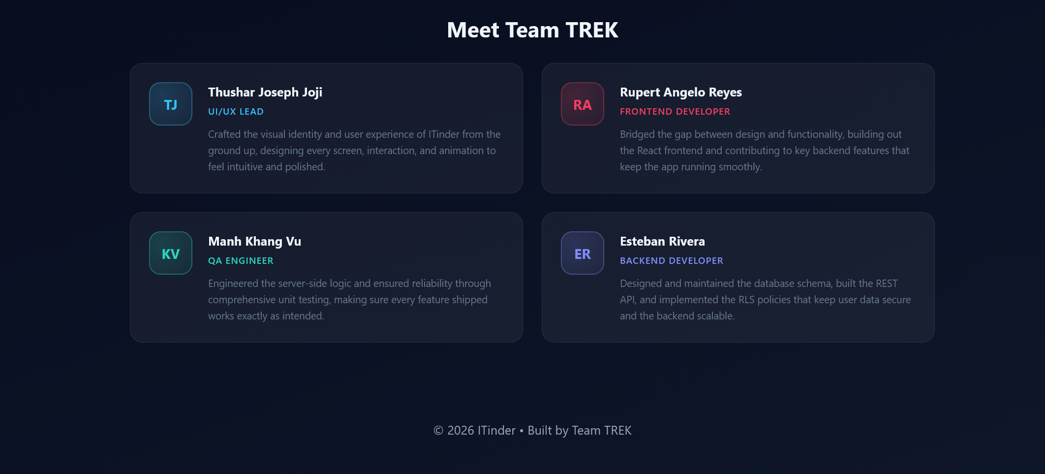 iTinder team page listing four team members and their roles