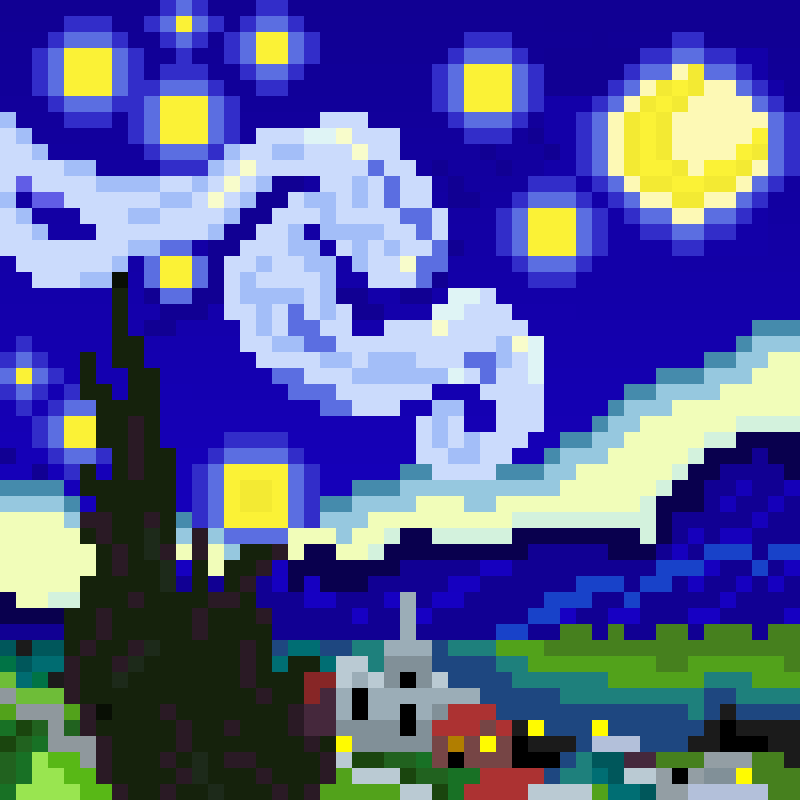 Animated pixel art of Van Gogh's The Starry Night, 50 by 50 pixels, with twinkling stars and swirling clouds